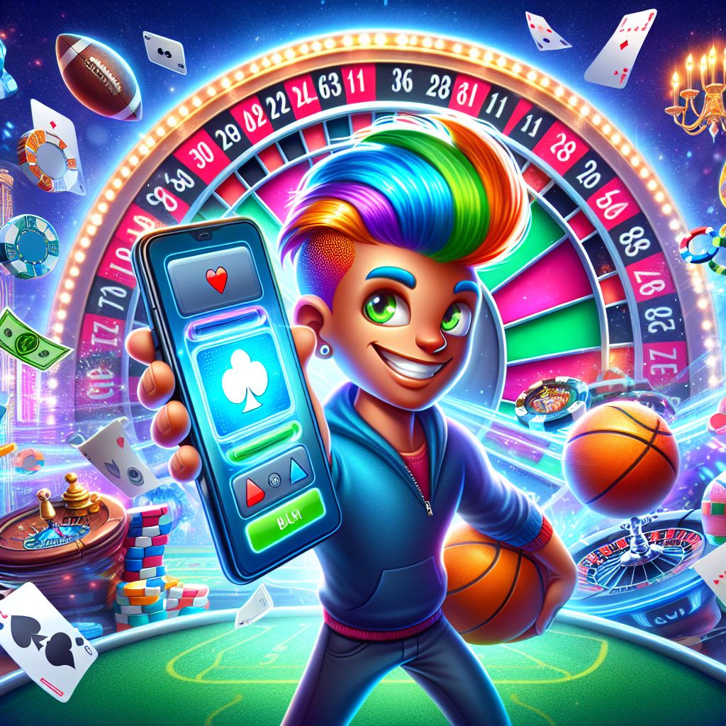 1xbdt app on a smartphone screen with betting icons and a cartoon character