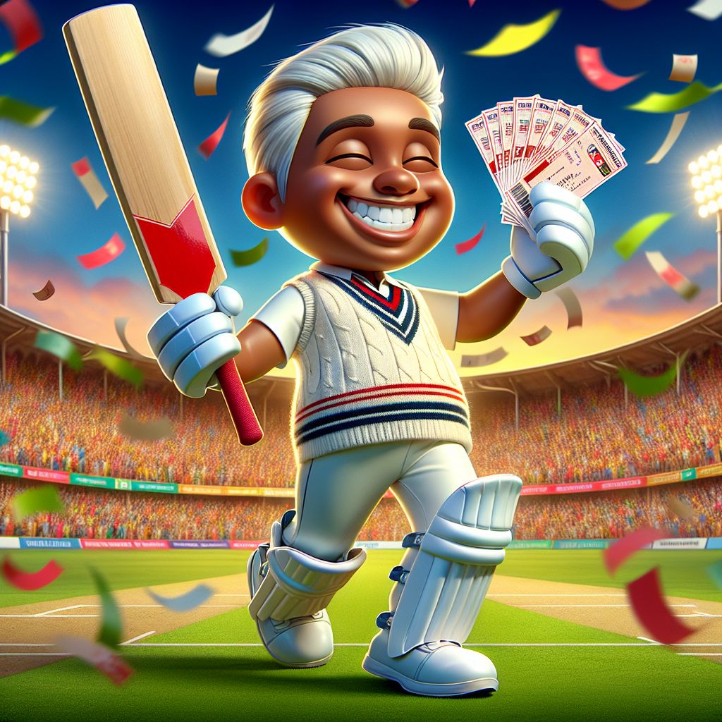 1xbdt bet cartoon character holding a cricket bat and winning tickets