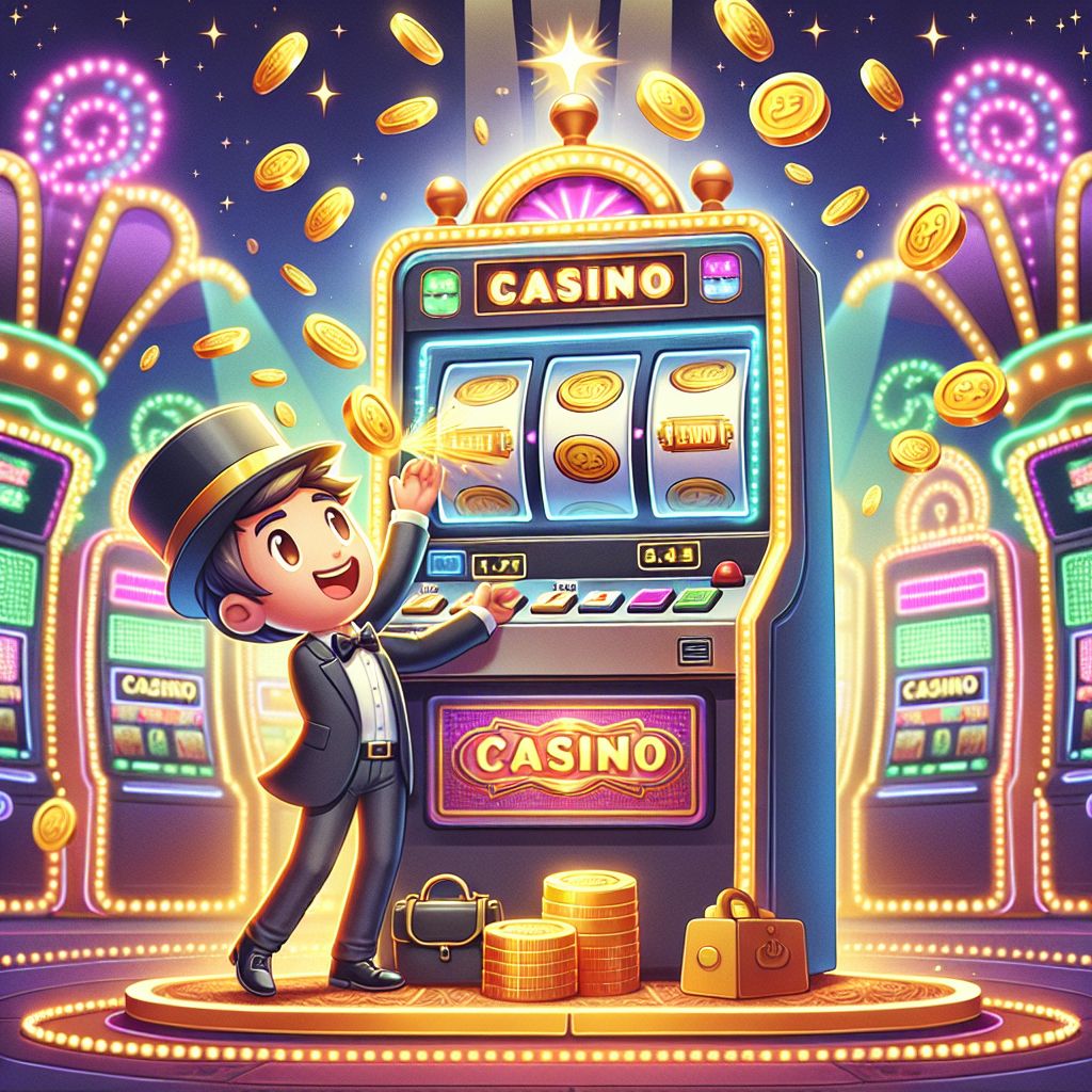 Cartoon character winning at a casino slot machine with 1xbdt theme